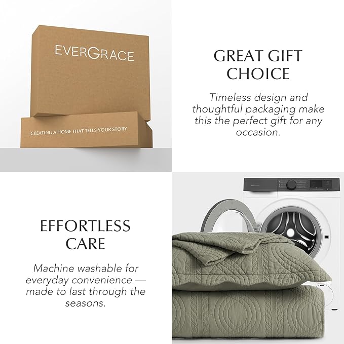 EVERGRACEHOME 100% Cotton Scallop Quilt Set, Queen Size 3 Piece Set – Lightweight Bedspread with 2 Shams, Soft Prewashed Matelasse Coverlet for Cozy and Elegant Bedding, Olive Green