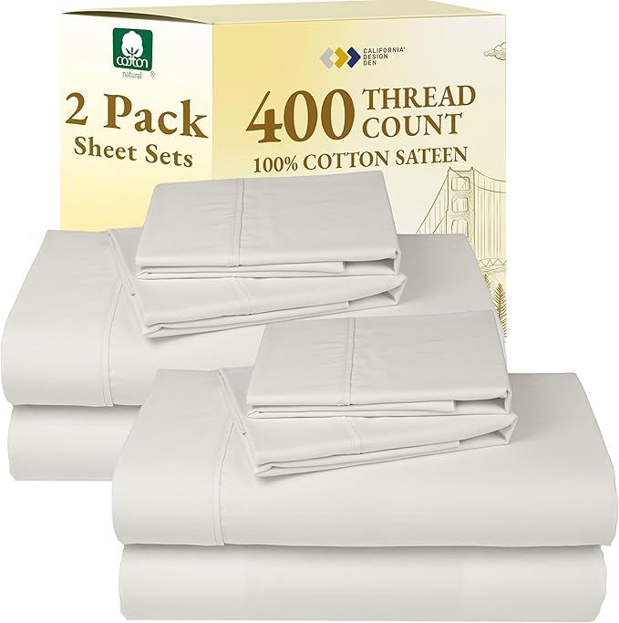 California Design Den 2-Pack Queen Sheet Set - 400 Thread Count 100% Cotton Sateen - Soft and Breathable Sheets, 2 Sets of Deep Pocket Bed Sheets - Ivory (Pale Tone)