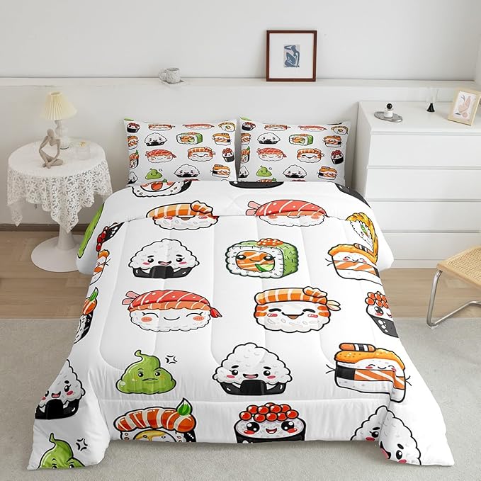 Feelyou Sushi Pattern Comforter Set Japanese-Style Bedding Set for Kids Boys Girls Teens Food Theme Comforter Cute Cartoon Japanese Sushi Duvet Set Room Decor Quilt Set Twin Size Microfiber