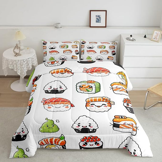 Feelyou Sushi Pattern Comforter Set Japanese-Style Bedding Set for Kids Boys Girls Teens Food Theme Comforter Cute Cartoon Japanese Sushi Duvet Set Room Decor Quilt Set Twin Size Microfiber