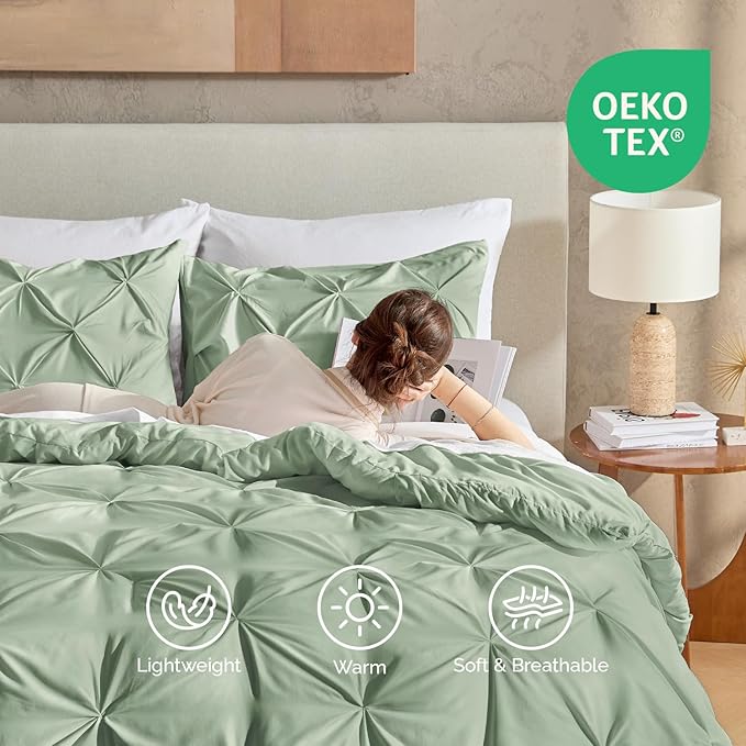 Andency Sage Green Comforter Full Size, 3 Pieces Solid Pintuck Western Boho Bedding Sets, All Season Soft Lightweight Cute Pinch Pleat Bed Set for Girls Women