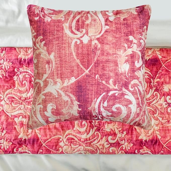 The HomeCentric King/Queen/Twin Pink Luxury Full 68"x18" Bed Runner with Two Pillow Cover, Damask, Quilted Bed Scarf on Velvet Fabric - Pink Dalliance