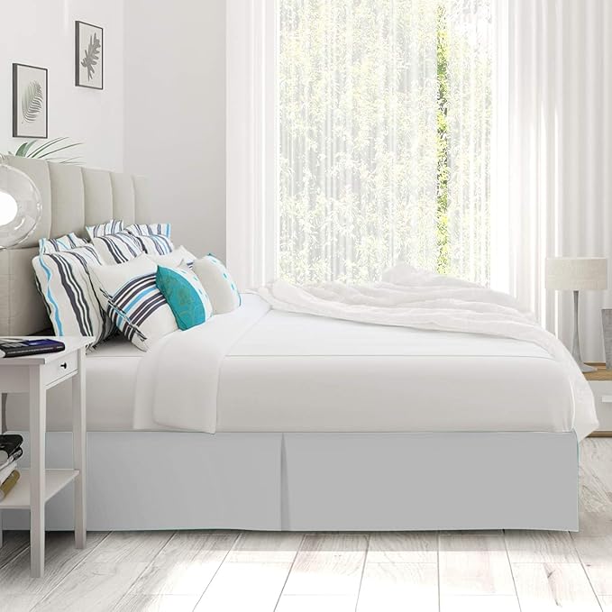 Pleated Bed Skirt 20 Inch Drop Queen Size – Wrinkle-Free Microfiber – Dust Ruffle with Split Corners Light Grey