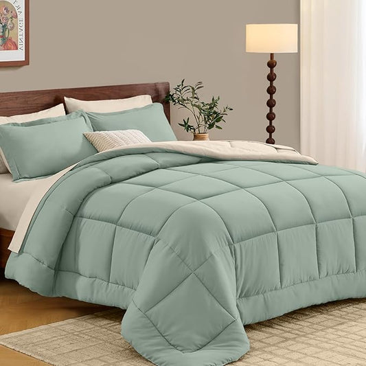 FUANNA Full Size Comforter Sets 7 Pieces, Reversible Bed in a Bag with All Season Soft Comforter, Bedding Sets Includes Comforter, Flat Sheet, Fitted Sheet, Pillowcases & Shams, Sage Green & Beige