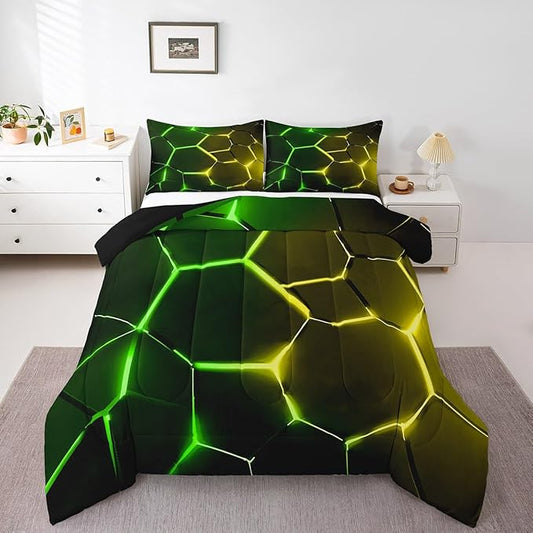 Feelyou Honeycomb Comforter Green Yellow Hexagonal Print Bedding Set for Kids Boys Girls Children Beehive Geometrical Comforter Set Ultra Soft Decor Reticulated Duvet Set Full Size