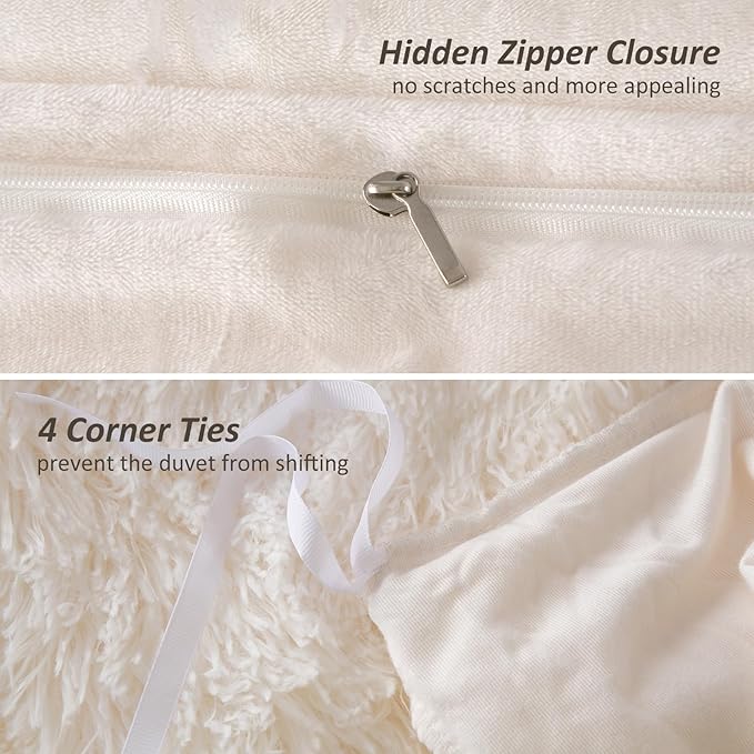 EMME Luxury White Fuzzy Duvet Cover Set King Size 3 Pieces Fluffy Comforter Cover Set for King Bed Shaggy and Plush Soft Bedding Duvet Covers (White, King)