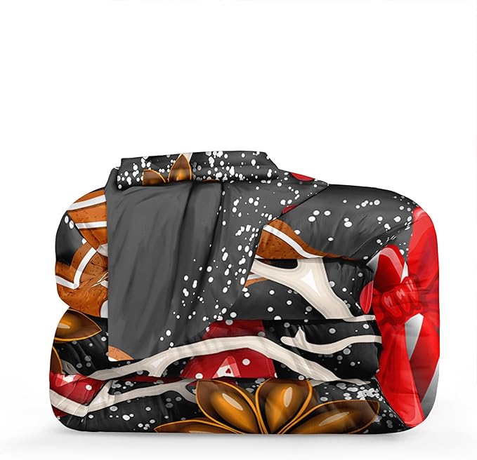 Bedbay Christmas Bedding Set King Size Red Christmas Comforter Set Cute Gingerbread Man and Snowflake Pattern Boys Girls Xmas Festival Bedding 4 Pcs Comforter Set(Xmas,King)