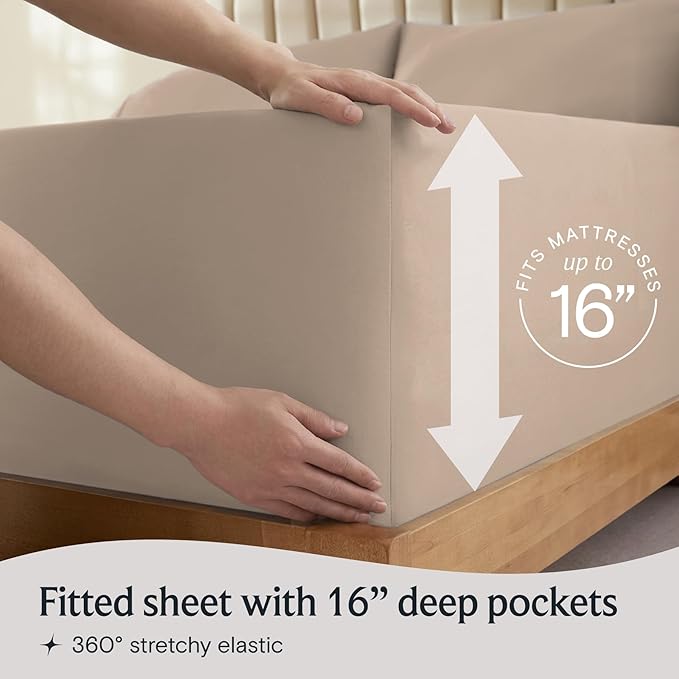 LuxClub 4 PC California King Sheet Set, Breathable Luxury Bed Sheets, Deep Pockets 18" Wrinkle Free Cooling Sheets Machine Washable Hotel Bedding Silky Soft - Light Khaki Cal King