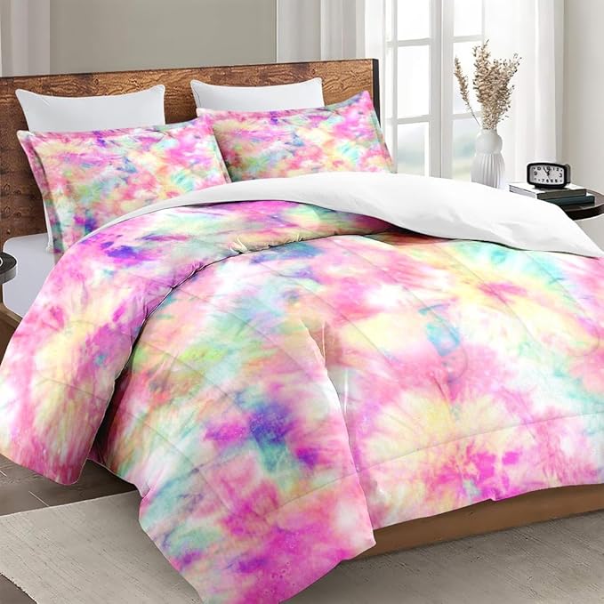 Twin Size Comforter Set with Pillowcase, Pink Yellow Painting Tie Dye Soft 2 Pcs Bedding for Kids and Adults Bedroom Bed Decor