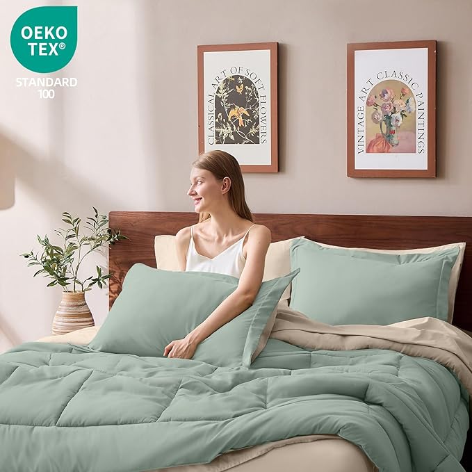FUANNA King Size Comforter Set 7 Pieces, Reversible Bedding Sets with All Season Soft Comforter, Bed in a Bag Includes Comforter, Flat Sheet, Fitted Sheet, Pillowcases & Shams, Sage Green & Beige