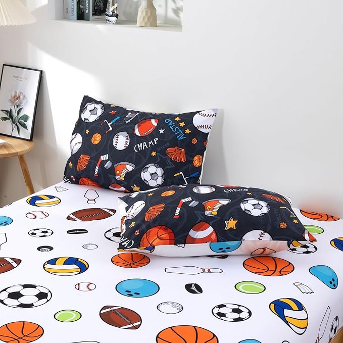 A Nice Night Boys Rugby Balls Comforter Set 6-Piece Bed-in-a-Bag with Sheet Set, Twin Size Polyester Bedding Collections for Kids, Durable & Easy Care, Sports Theme Design for Boys Bedroom
