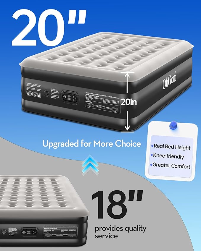 OhGeni 20" Queen Air Mattress (1-Pack) with Built in Pump, Inflatable Blow Up Bed, Upgraded Air Column Support for Enhanced Stability, Raised Height for Easy Entry & Exit, 650 lbs Capacity