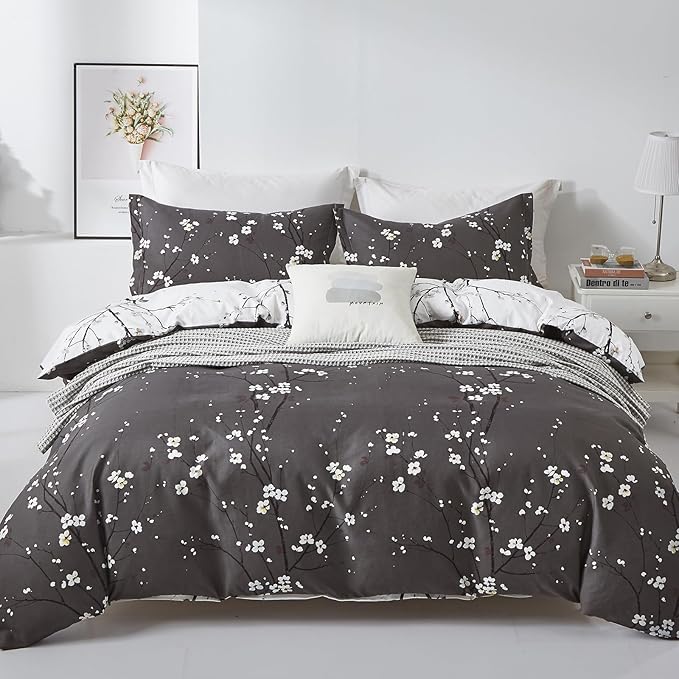 WONGS BEDDING Floral Duvet Cover Set Queen, Dark Grey 3 Pieces Flower Plum Blossom Printed Bedding Set with 2 Pillowcases,Branch Duvet Cover Set Queen Size 90"X90"(Not Comforter)