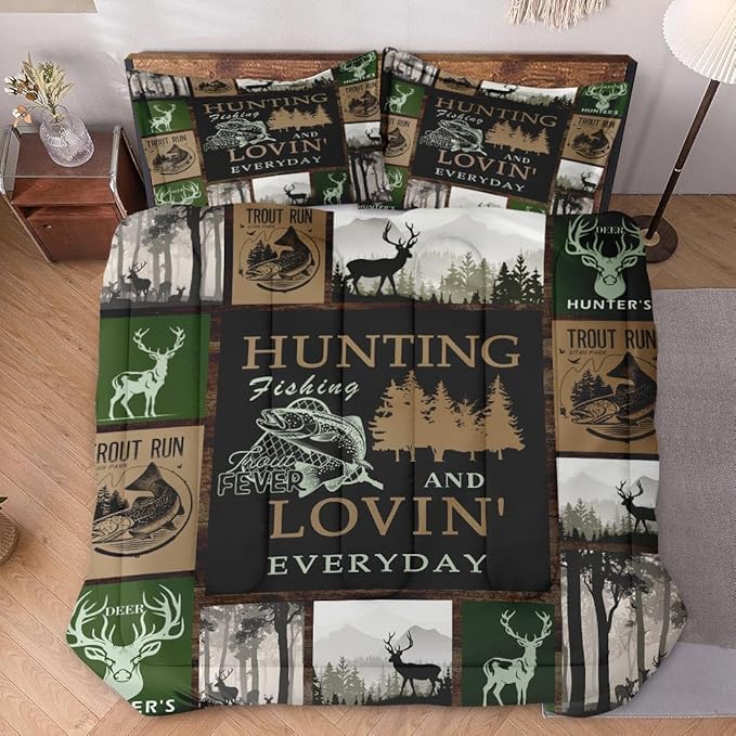 King Size Comforter Set with 2 Pillowcases, Retro Mountains Gray Soft 3 Pcs Bedding for Kids and Adults, Deer Animal Tree Comforter Set for Bedroom Bed Decor