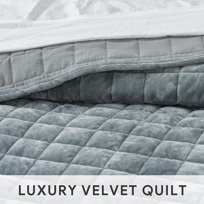 RECYCO Luxury Velvet Quilt Set Twin/Twin XL Size Bedding Sets, Ultra Soft Velvet Comforter Set, Lightweight Channel Box Stitch Oversized Bedspread Coverlet for All Season, with 1 Sham, Gray Blue Linen