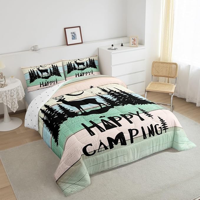 Kids Happy Camping Comforter Set King,Cute Deer Camper Bedding Set Rustic Farmhouse Woodland Animal Comforter for Boys Girls Old Barn Door Quilted Duvet Star Moon Pine Tree Decor 3 Pcs Black Green