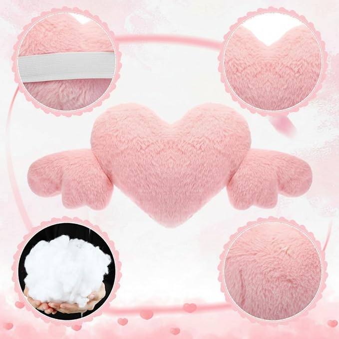 Macarrie 2 Pcs Plush Heart Shaped Pillow with Angel Wings Car Headrest Soft Comfortable Car Seat Pillow for Driving Travelling Room Office Car Decor, 19.7 x 8.3 Inch(Rose Red)