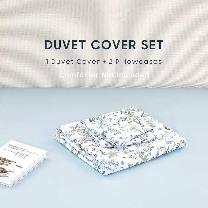 Wake In Cloud - Floral Duvet Cover Set, Shabby Chic Cottage Garden Botanical Flower Style with Elegant Wildflower Pattern, Soft Lightweight Bedding, 3 Pieces, Blue White, Queen Size