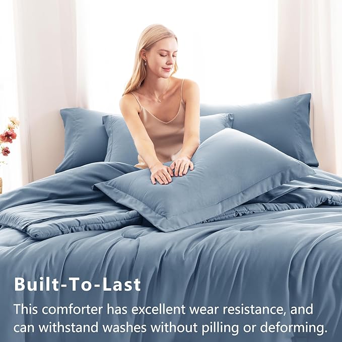 CozyLux Oversized Queen Comforter Set Grayish Blue, 7 Pieces Bed in a Bag Comforter Set with Sheets, Soft Bedding Sets with Down Alternative Comforter, Fitted Sheet, Flat Sheet, Pillowcases and Shams