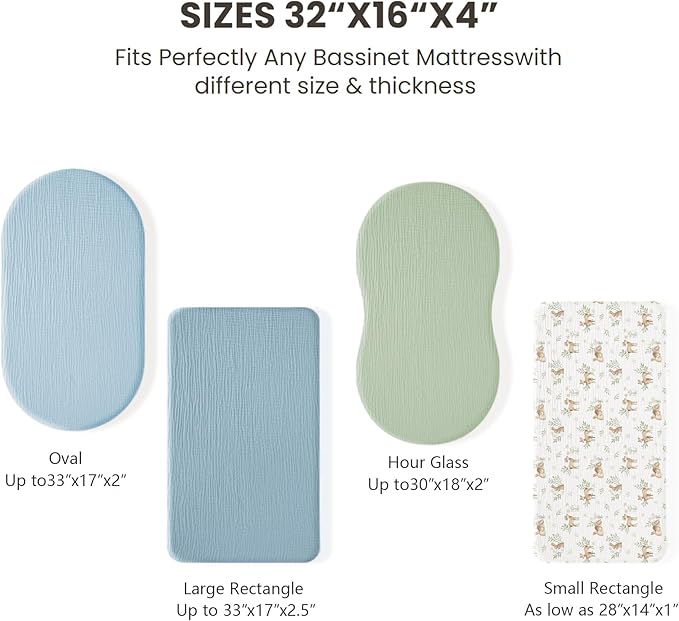 Konssy 2 Pack Muslin Bassinet Sheets for Boys, Girls, 100% Cotton Soft Breathable Fitted Bassinet Mattress Sheet, 32 x 16 inches (Woodland,Sage)