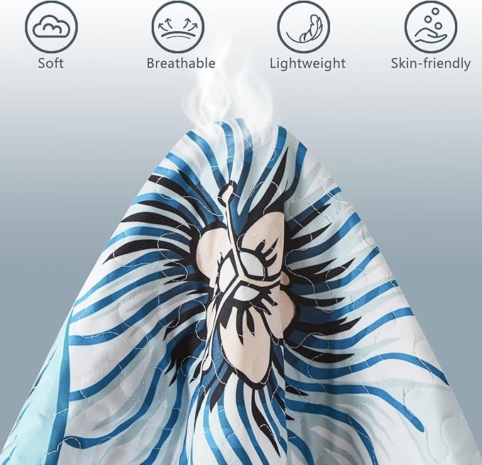 Yogeneg Queen Quilt Bedding Set,White Green Botanical Pattern Light Blue Full/Queen Quilt Set,3 Piece Lightweight Soft Summer Bedspread Coverlet with 2 PIillow Shams,All Season(Light Blue,90"x96")