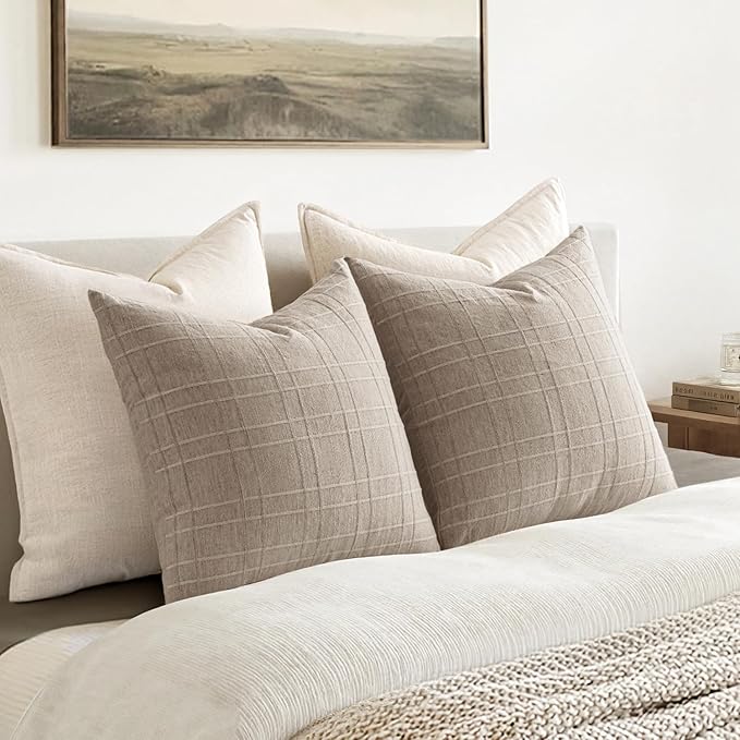 MIULEE Decorative Linen Check Euro Shams Throw Pillow Covers Neutral Farmhouse Vintage Pillow Covers 24x24 Set of 2 Boho Modern Home Decor for Sofa Couch Bedroom Cushion Natural Linen