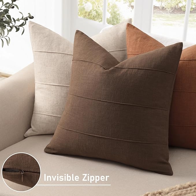 ZWJD Decorative Linen Throw Pillow Covers 24x24 Set of 2 Solid Handcrafted Striped Cushion Covers for Bed Soft Modern Farmhouse Neutral Pillowcase for Couch Bedroom Living Room Home Decor(Brown)