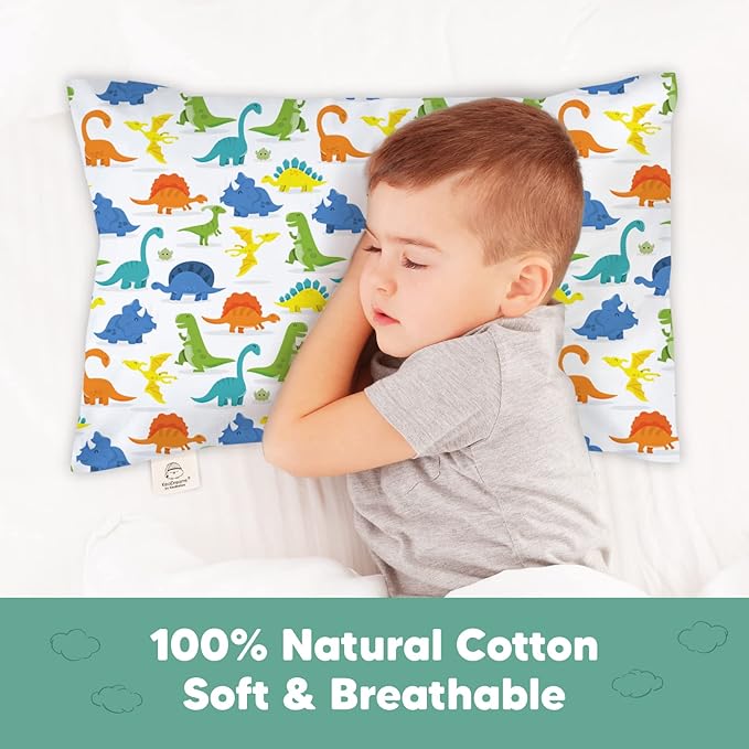 KeaBabies Toddler Pillowcase 13"x18" - Organic Cotton Toddler Pillowcase for Kids, Boys,Girls,Soft & Durable Cotton Cover for Miniature Sleepy Pillows,Cute Colors,Pillow Sold Separately(Happy Dino)