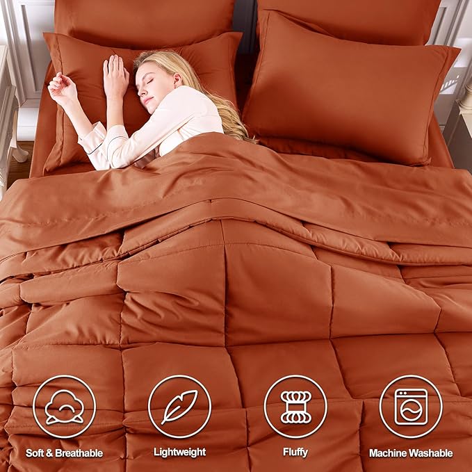 CozyLux Full Size Comforter Sets Terracotta - 7 Pieces Bed in a Bag Full, Oeko-Tex Certified Bed Set, All Season Soft Bedding Set with Down Alternative Comforter, Sheets, Pillowcases & Pillow Shams