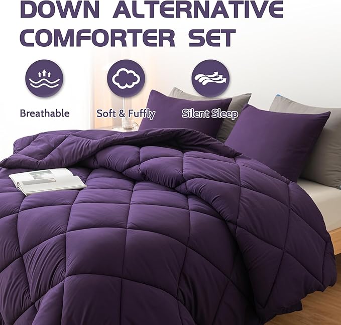 Decroom Lightweight Queen Comforter Set with 2 Pillow Sham - 3 Pieces Set - Quilted Down Alternative Comforter/Duvet Insert for All Season - Purple - Queen Size