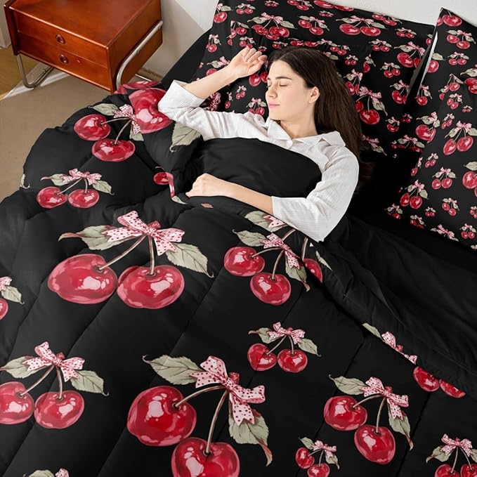Feelyou Red Cherry Comforter Set with Sheets 7 Piece Twin Size Pink Bowknot Bedding Set for Kids Boys Girls Cartoon Cherry Bed in a Bag Cute Bow Room Decor Soft Lightweight Microfiber