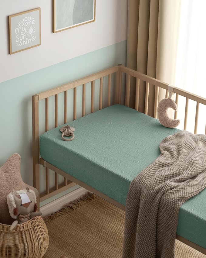 Blissful Diary Muslin Crib Sheets for Girl Boy, Boho Neutral Soft Cotton Baby Sheet for 52''x28'' Standard Crib Mattress, 2 Pack(Sage Checkboard & Sage Green)