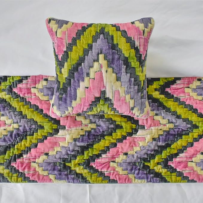 The HomeCentric King/Queen/Twin Pink & Purple Luxury Twin 53"x18" Bed Runner with One Pillow Cover, Chevron, Quilted Bed Scarf on Velvet Fabric - Artful Chevron
