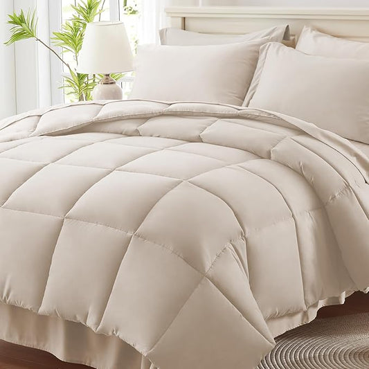 Anluoer King Size Bed in a Bag 7 Pieces, Beige Bed Comforter Set with Sheets, All Season Bedding Sets with 1 Comforter,2 Pillow Shams,2 Pillowcases, 1 Flat Sheet, 1 Fitted Sheet