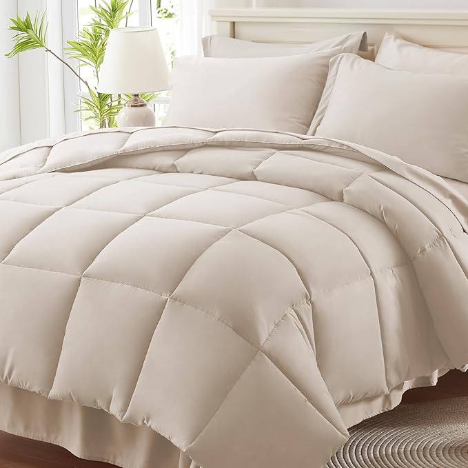 Anluoer Full Size Bed in a Bag 7 Pieces, Beige Bed Comforter Set with Sheets, All Season Bedding Sets with 1 Comforter,2 Pillow Shams,2 Pillowcases, 1 Flat Sheet,1 Fitted Sheet