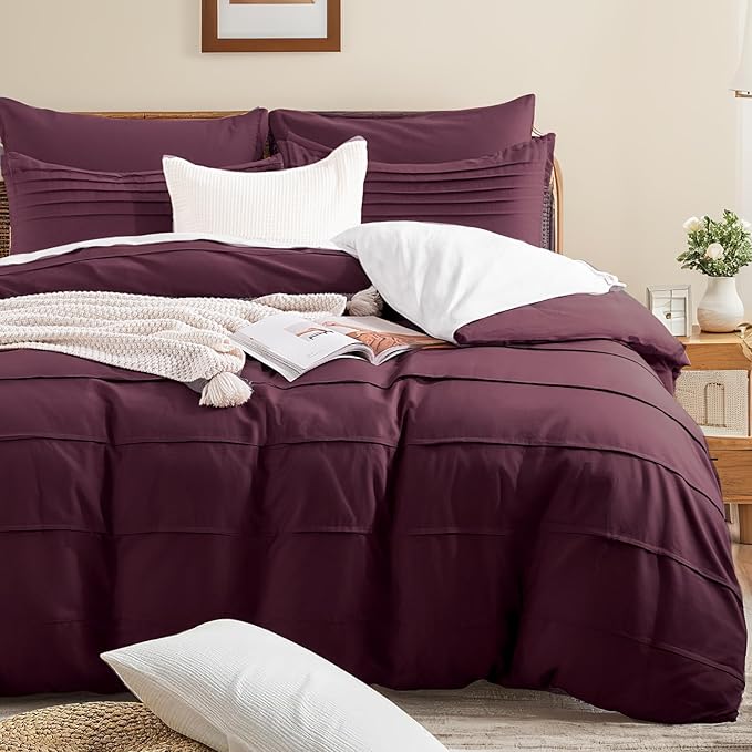 NEXHOME PRO 100% Organic Cotton Duvet Cover Queen Size, Linen Like Pleated Textured Burgundy Bedding Set, 3pc Bedding Set with Zipper Closure,Soft,Breathable,90"x90", No Comforter