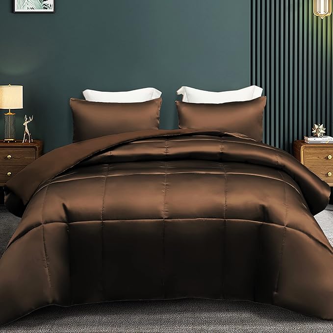 Whale Flotilla 2-Piece Reversible Silky Soft Twin Size Comforter Bedding Set, Luxurious Satin Comforters with Satin Pillowcase, Lightweight Duvet for All Seasons, Brown