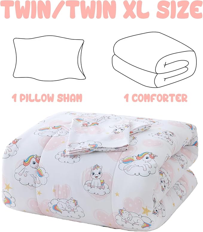 Yibeizi Twin Bed Comforter Set, Kids Unicorn Pattern Lightweight All-Season Comforter Set Cute Pink Heart Microfiber Breathable Hypoallergenic Soft Oeko-Tex Bedding Comforter Sets