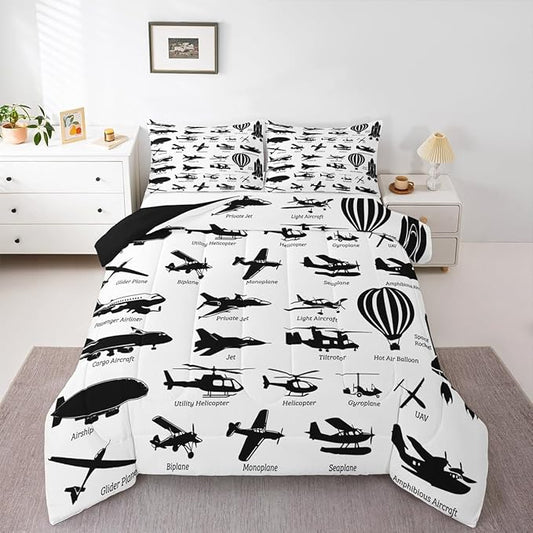 Erosebridal Airplane Comforter Set Queen,Black White Airplanes Bedding Set Space Rocket Aircraft Down Comforter for Boys Kids Teens Room Decor,Helicopter Biplane Quilt Duvet Sets with 2 Pillow Cases