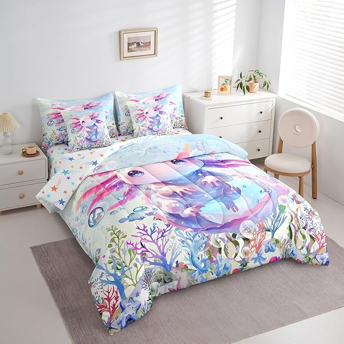 Feelyou Boys Girls Cute Axolotl Comforter Set with Sheets King Size, Ocean Sealife 7 Pieces Bedding Sets Kids Kawaii Bed in A Bag Cartoon Salamander Bed Set