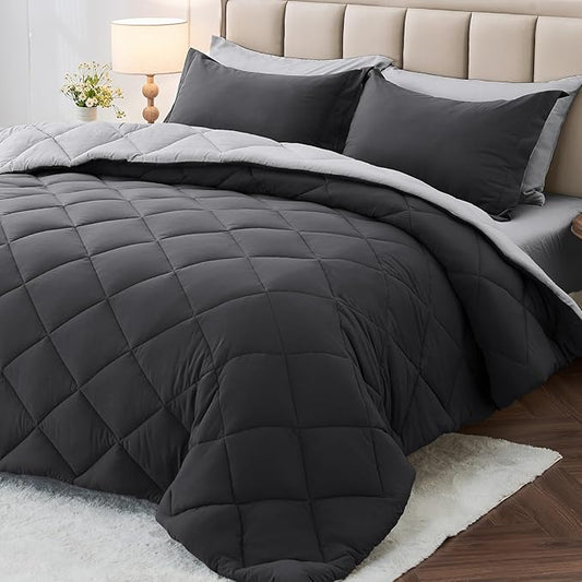 MUXHOMO 7 Pieces Oversized Queen Comforter Set, Reversible Bed in a Bag Oversized Queen Size, All Season Bedding Set, Flat Sheet, Fitted Sheet, Pillowcases & Shams, Dark Grey & Light Grey