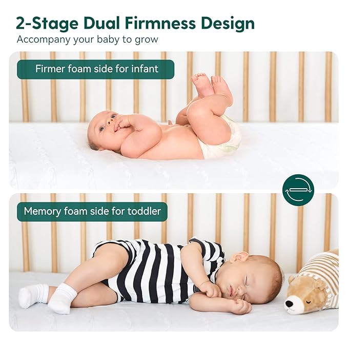 Babelio Breathable Crib Mattress, Dual-Sided, Memory Foam, Waterproof, Removable and Machine-Washable Cover, for Toddler and Baby 52" x 27.5"