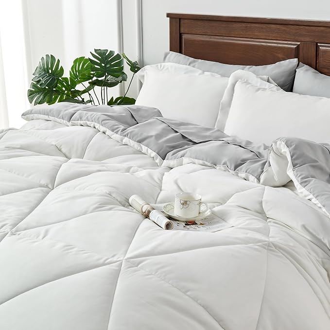 BEDELITE California King Size Comforter Set 7 Pieces Bed in A Bag - Soft Microfiber Reversible Cal King White Bed Set with Comforters, Sheets, Pillowcases & Shams, Cozy Bedding Sets for All Season