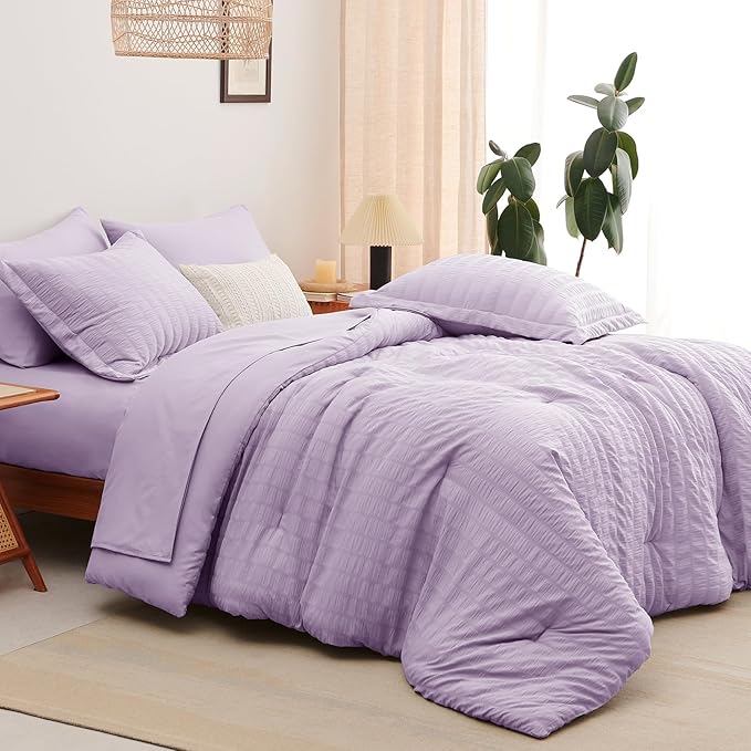 CozyLux King Seersucker Comforter Set Light Purple Bed in a Bag 7-Pieces All Season Lavender Bedding With Comforter, Pillow Sham, Flat Sheet, Fitted Sheet, Pillowcase