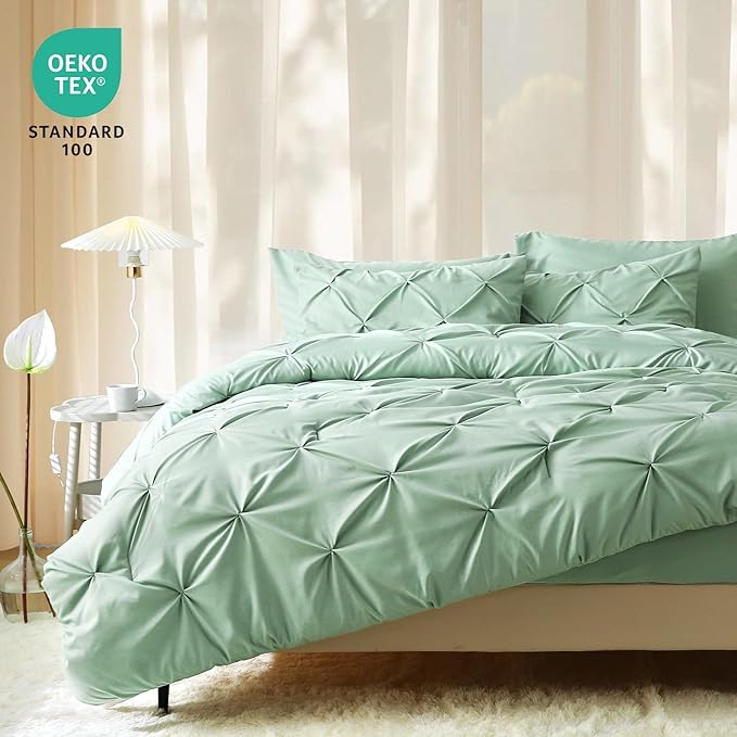 JOLLYVOGUE King Size Comforter Set 7 Pieces - Bed in a Bag King for All Season, Pintuck Bedding Comforter Sets with Comforter, Flat Sheet, Fitted Sheet and Pillowcases & Shams, Sage Green