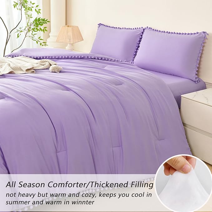 PERFEMET Light Purple Bedding Sets for Girls Full Size 5 Pieces Boho Pom Pom Comforter with Sheet Soft Fluffy Farmhouse Bedding Comforter Set Cozy Solid Bed in a Bag for Kids Teen(Light Purple, Full)