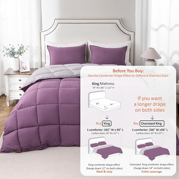 KASENTEX King Comforter Set – Reversible Dual Color – Goose Down Alternative – Ultra-Soft, Lightweight, Machine Washable, Maintain Fluffiness, All Season Warmth (Grape Jam/Gull)