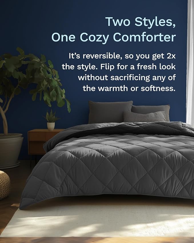ViscoSoft Essentials Reversible Down Alternative Quilted Comforter with Corner Tabs–All-Season, Plush Microfiber Fill, Machine Washable (Black/Gray, Full)