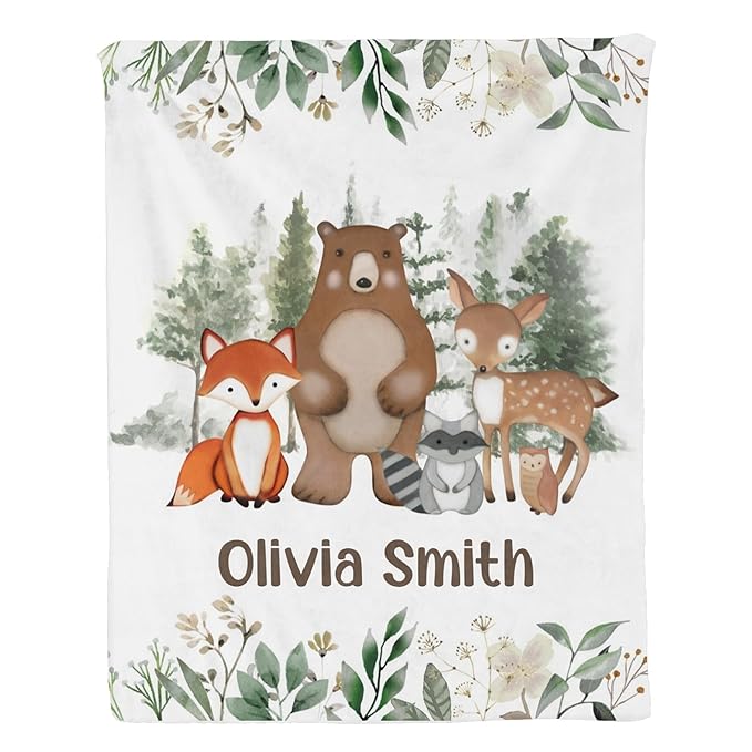 Personalized Baby Blankets for Girls, Baby Blanket for Girls with Name, Soft Plush Receiving for Newborns - Essential Baby Items, Woodland Bear 35x45 Inches