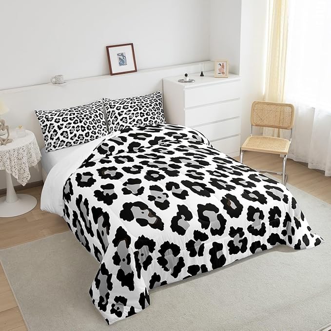 Feelyou Leopard Comforter Set Black Grey Cheetah Print Bedding Set for Kids Boys Girls Teens Decor Cow Pattern Comforter Africa Animal Lightweight Duvet Set 3Pcs Full Size